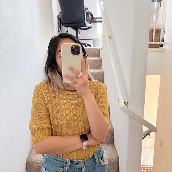 Tory Burch Yellow Linen Knit Short Sleeve Sweater Tee S‌ - Picture 1 of 11